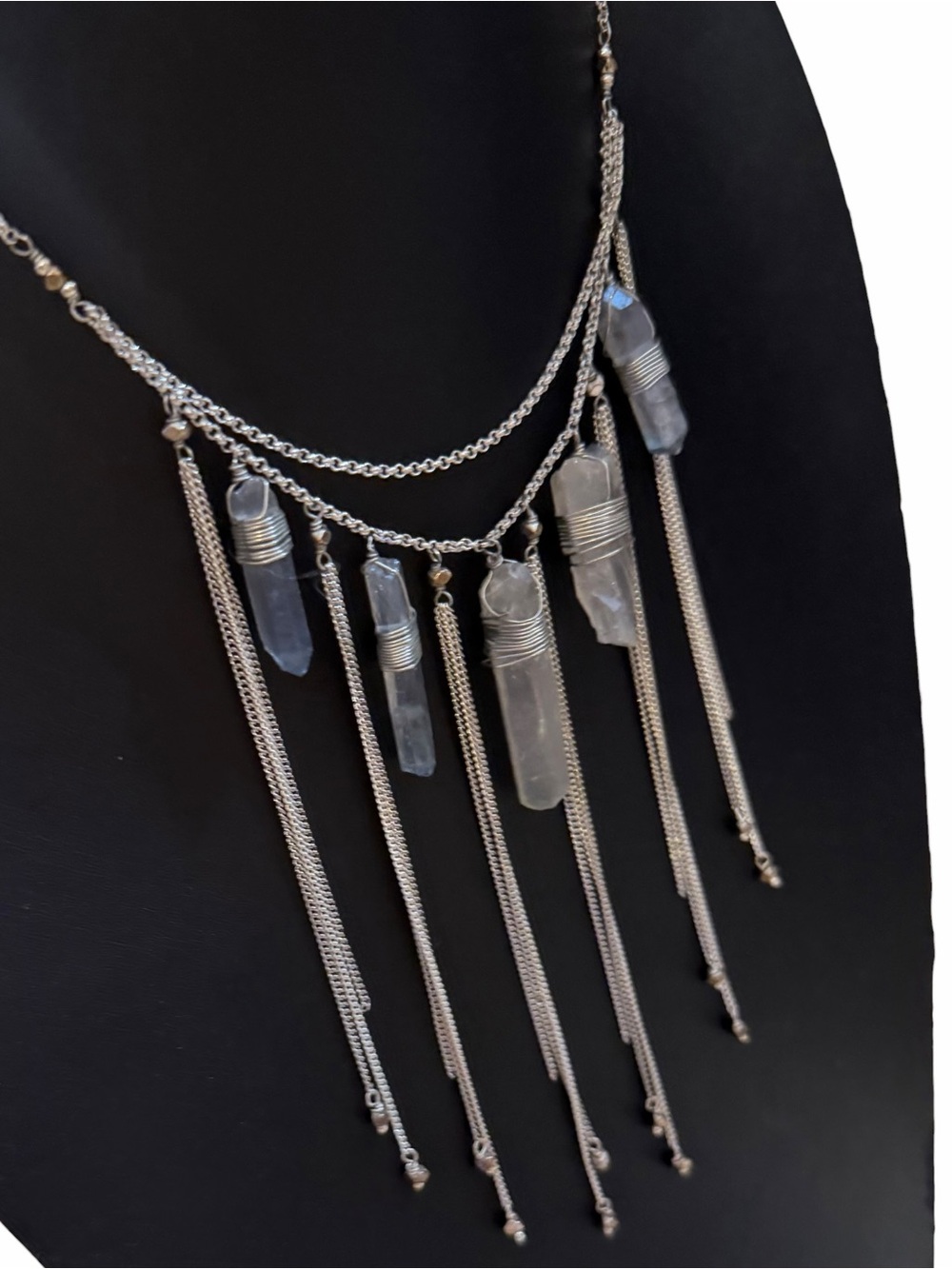 Nakamol -Fringe / Bib Necklace w/ Wire-Wrapped Raw Quartz Crystals